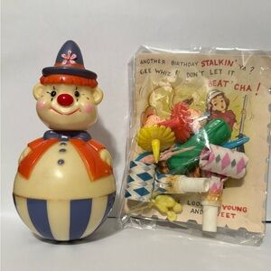 Vintage Rolly Polly Clown w/Bell Toy 6” Tall 4.2/3” & Vintage bday noise etc.